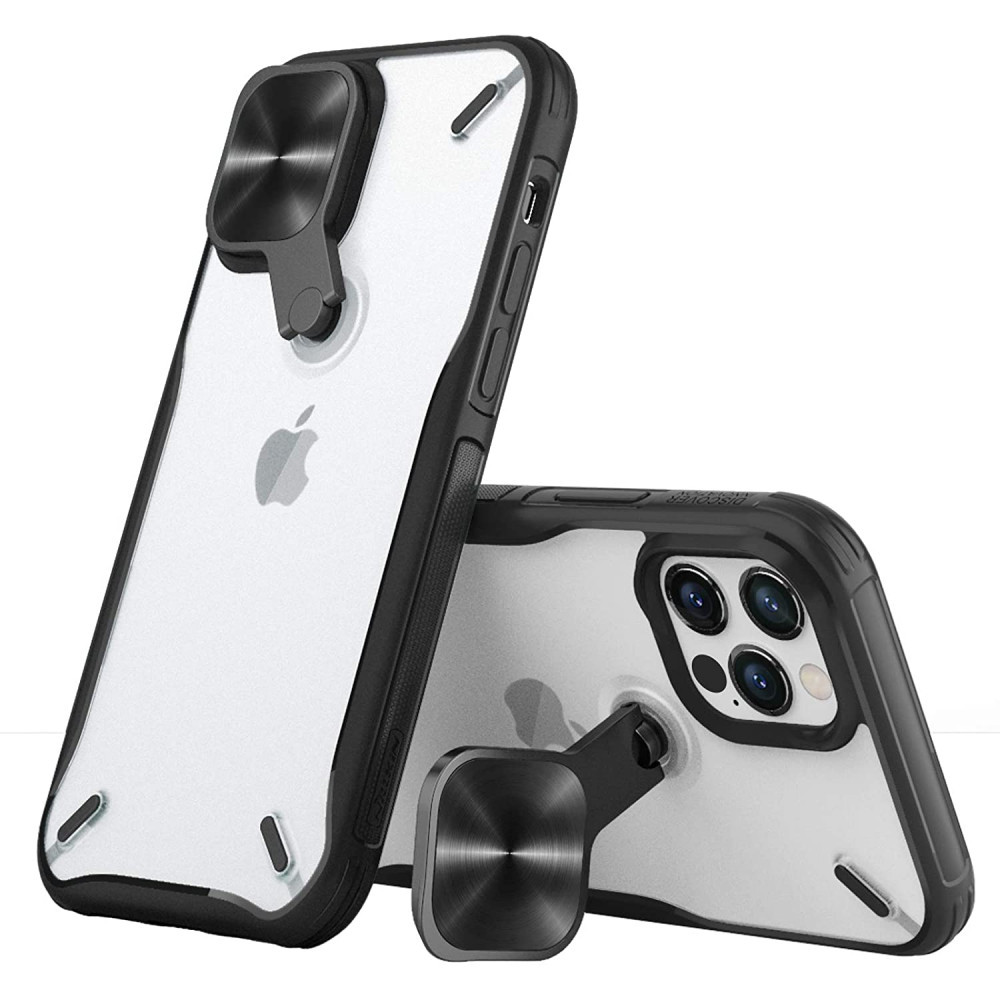 Apple iPhone 12 Pro Max, Plastový chrbát + silikónový rám, stredne odolný proti nárazu, so stojanom, ochrana fotoaparátu, Nillkin Cyclops, priesvitný/čierny