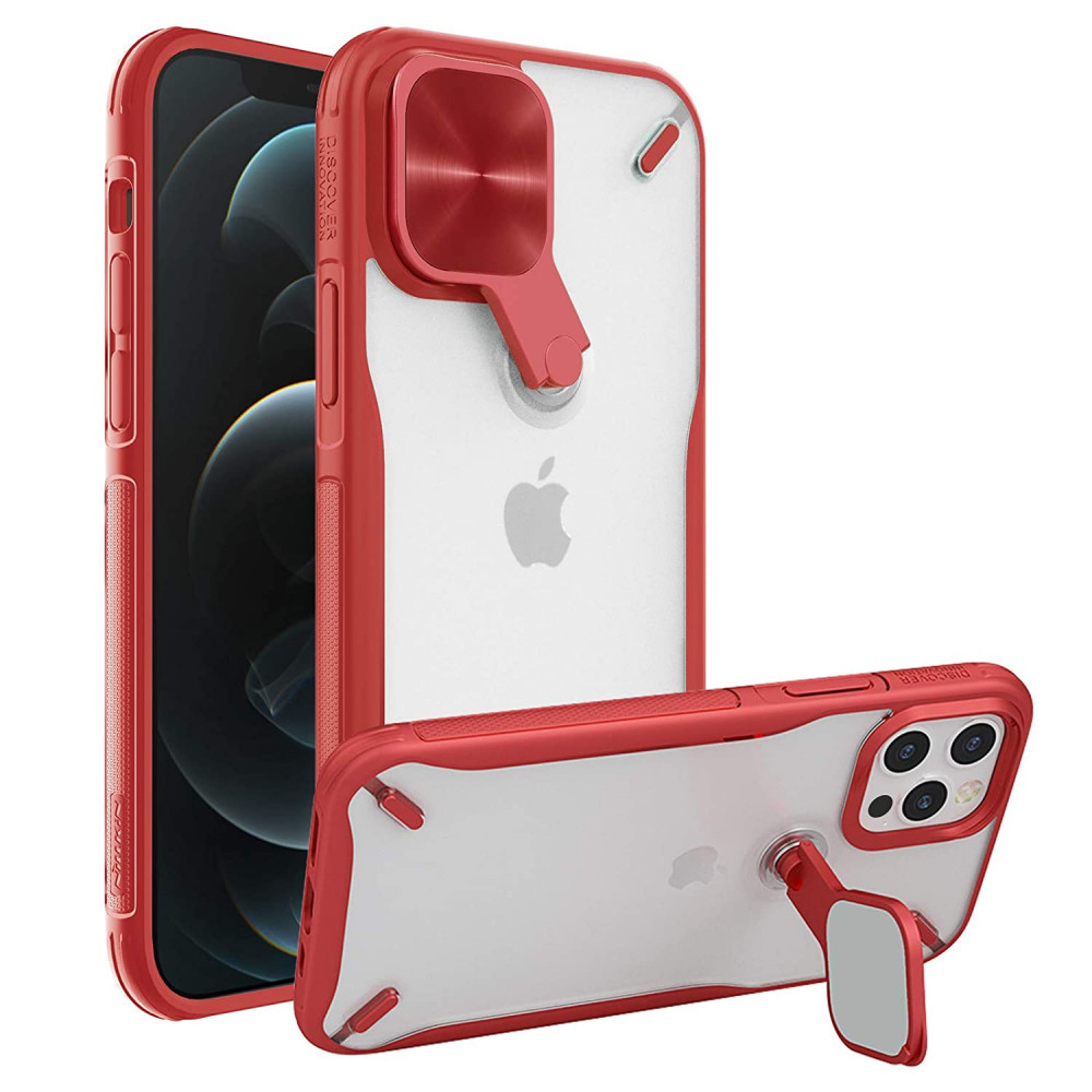 Apple iPhone 12 Pro Max, Plastový chrbát + silikónový rám, stredne odolný proti nárazu, so stojanom, ochrana fotoaparátu, Nillkin Cyclops, priesvitná/červená