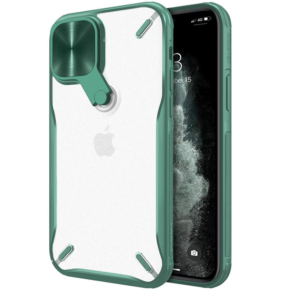 Apple iPhone 12 Mini, Plastový chrbát + silikónový rám, stredne odolný proti nárazu, so stojanom, ochrana fotoaparátu, Nillkin Cyclops, priesvitná/zelená