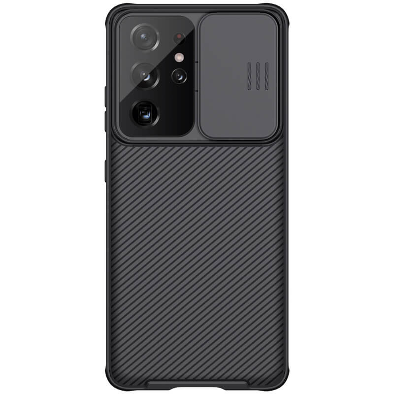 Samsung Galaxy S21 Ultra 5G SM-G998, plastová zadná strana + silikónový rám, stredne odolný proti nárazu, ochrana fotoaparátu, pruhovaný vzor, Nillkin CamShield Pro, čierna