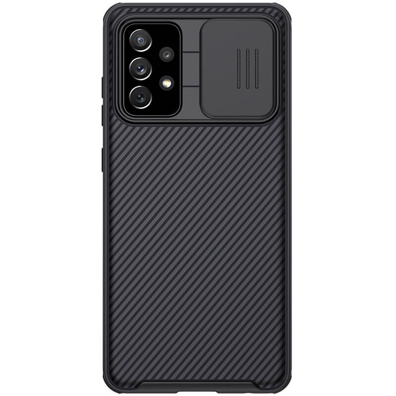 Samsung Galaxy A72 / A72 5G SM-A725F / A726B, plastová zadná strana + silikónový rám, stredne odolný proti nárazu, ochrana fotoaparátu, pruhovaný vzor, Nillkin CamShield Pro, čiern