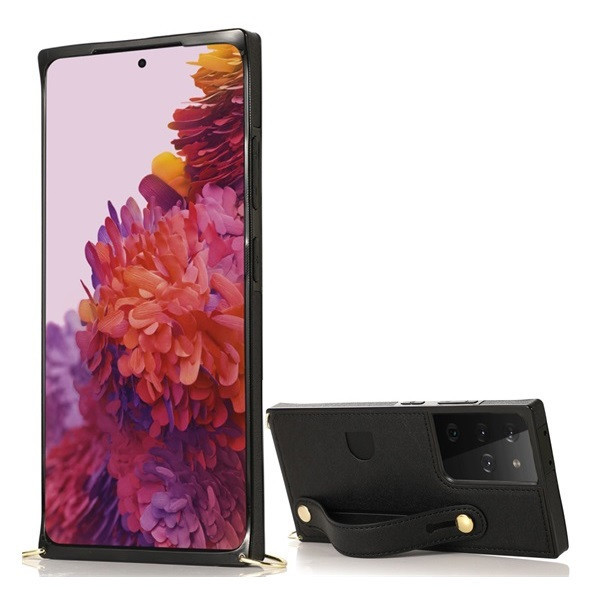 Samsung Galaxy S21 Ultra 5G SM-G998, silikónové puzdro, stredne odolné proti nárazu, stojan, zadná strana s koženým vzhľadom, s ramenným popruhom, s remienkom na zápästie, čierna f
