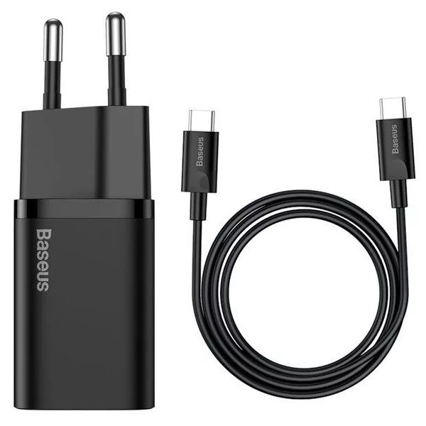 Sieťový nabíjací adaptér 25W, zásuvka USB Type-C, kábel USB Type-C, rýchle nabíjanie, PD 3.0, QC 3.0, Baseus, čierny