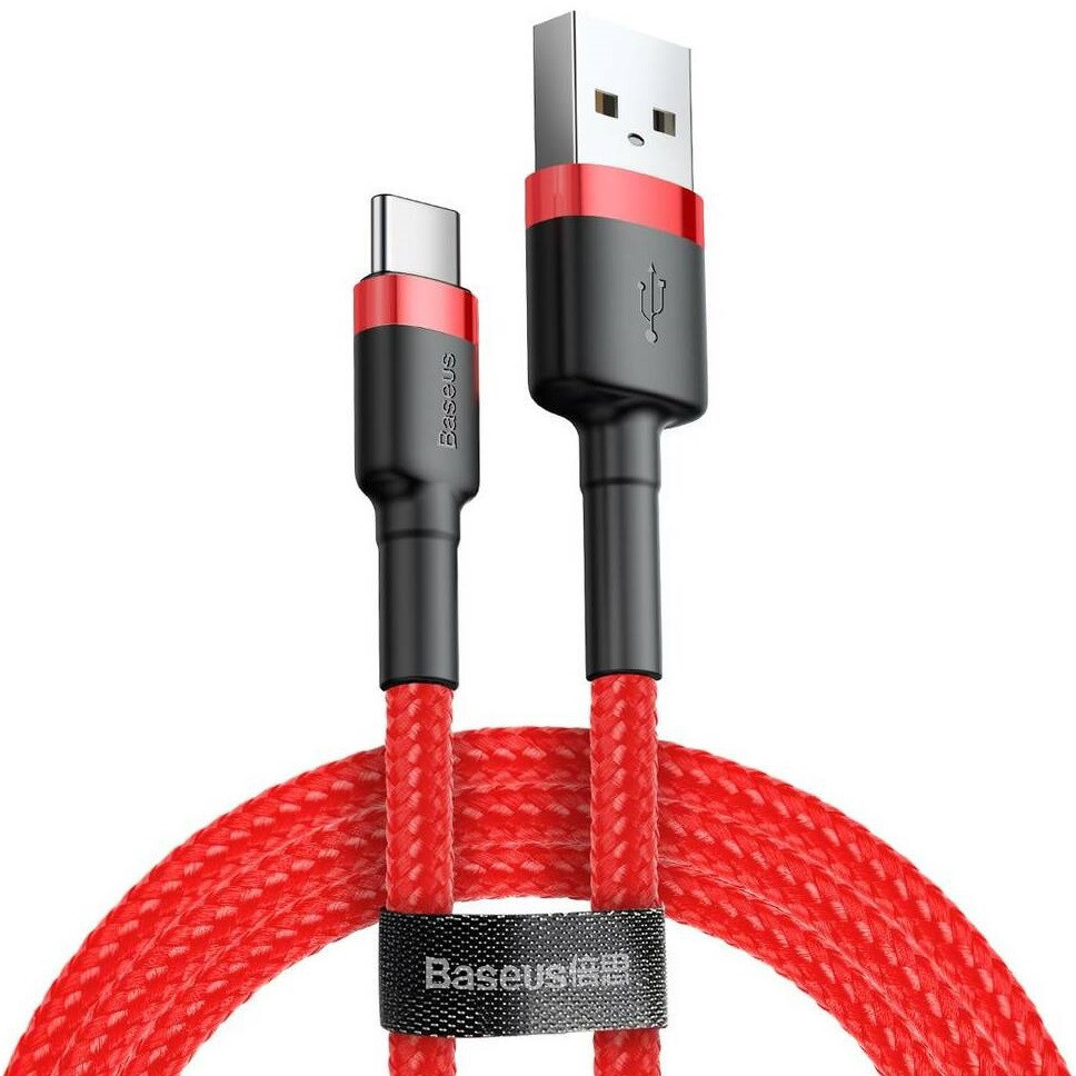 Nabíjací a dátový kábel USB, USB Type-C, 50 cm, 3000 mA, s ochranou proti zlomeniu, rýchle nabíjanie, vzor šnúrky, Baseus Cafule CATKLF-A09, červený
