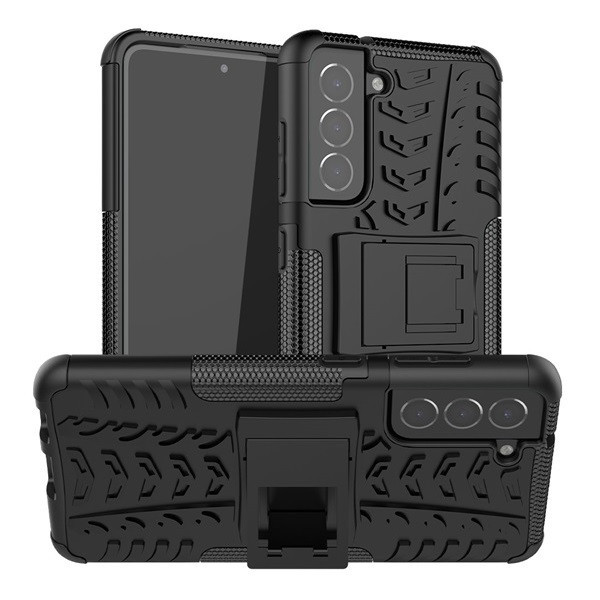 Samsung Galaxy S21 FE 5G SM-G990, Plastový zadný kryt, Defender, so silikónovým interiérom a silikónovým chráničom, vzor automobilových pneumatík, čierny