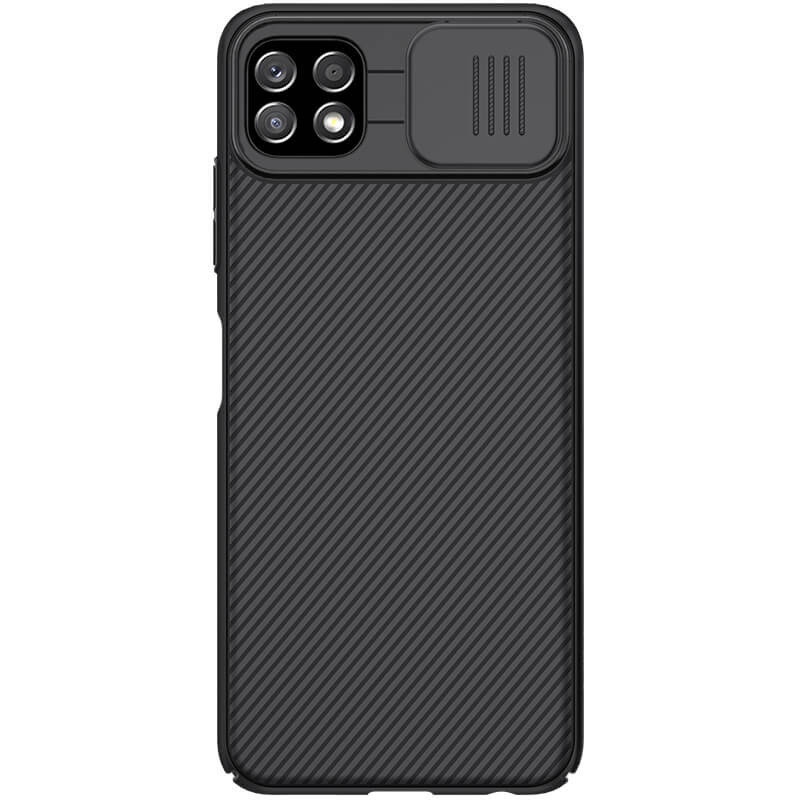 Samsung Galaxy A22 5G SM-A226B, Plastový zadný kryt, stredne odolný proti nárazu, ochrana fotoaparátu, pruhovaný vzor, Nillkin CamShield, čierny
