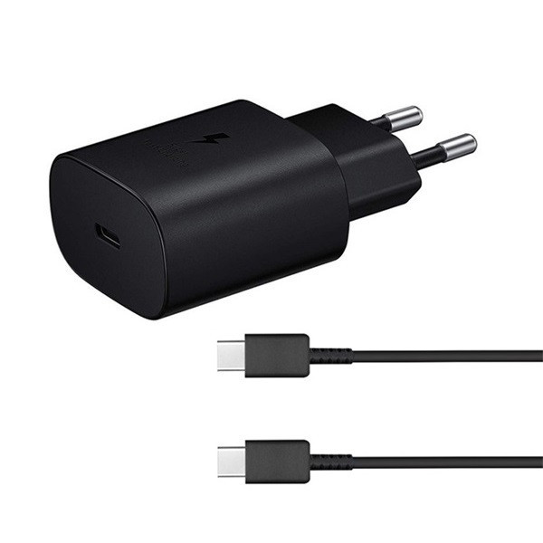 Sieťový nabíjací adaptér 25W, zásuvka USB Type-C, USB Type-C s káblom, PD 3.0, PDO/PPS, rýchle nabíjanie, Samsung, čierny, továrenský