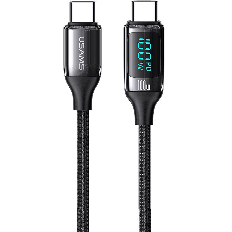 Nabíjací a dátový kábel USB Type-C, USB Type-C, 120 cm, 5000 mA, 100 W, LED displej, rýchle nabíjanie, PD, vzor šnúrky, Usams U78, US-SJ546, čierna