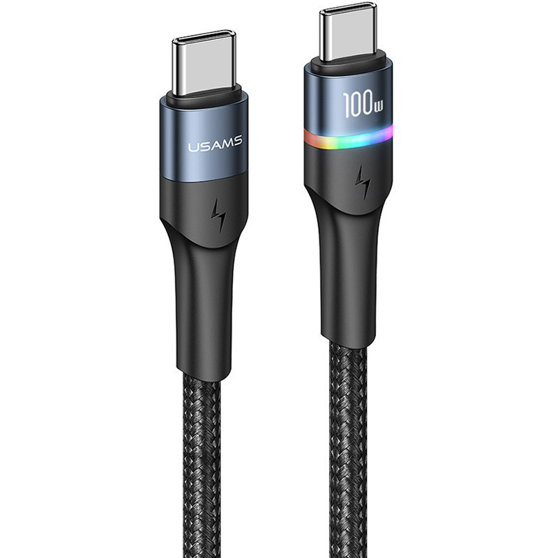 Nabíjací a dátový kábel USB Type-C, USB Type-C, 120 cm, 5000 mA, 100 W, proti nárazom, rýchle nabíjanie, PD, LED, vzor šnúrky, Usams U76, US-SJ537, čierna