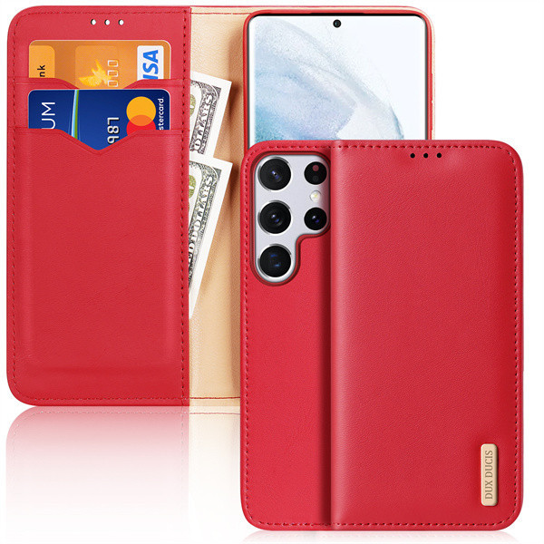 Samsung Galaxy S22 Ultra 5G SM-S908, Bočné otváracie puzdro, puzdro z pravej kože, stojan, Dux Ducis Hivo, červená