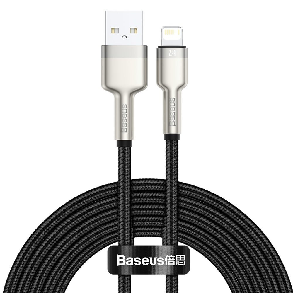 Nabíjací a dátový kábel USB, Lightning, 200 cm, 2400 mA, s ochranou proti rozbitiu, rýchle nabíjanie, vzor šnúrky, Baseus Cafule Metal, CALJK-B01, čierny