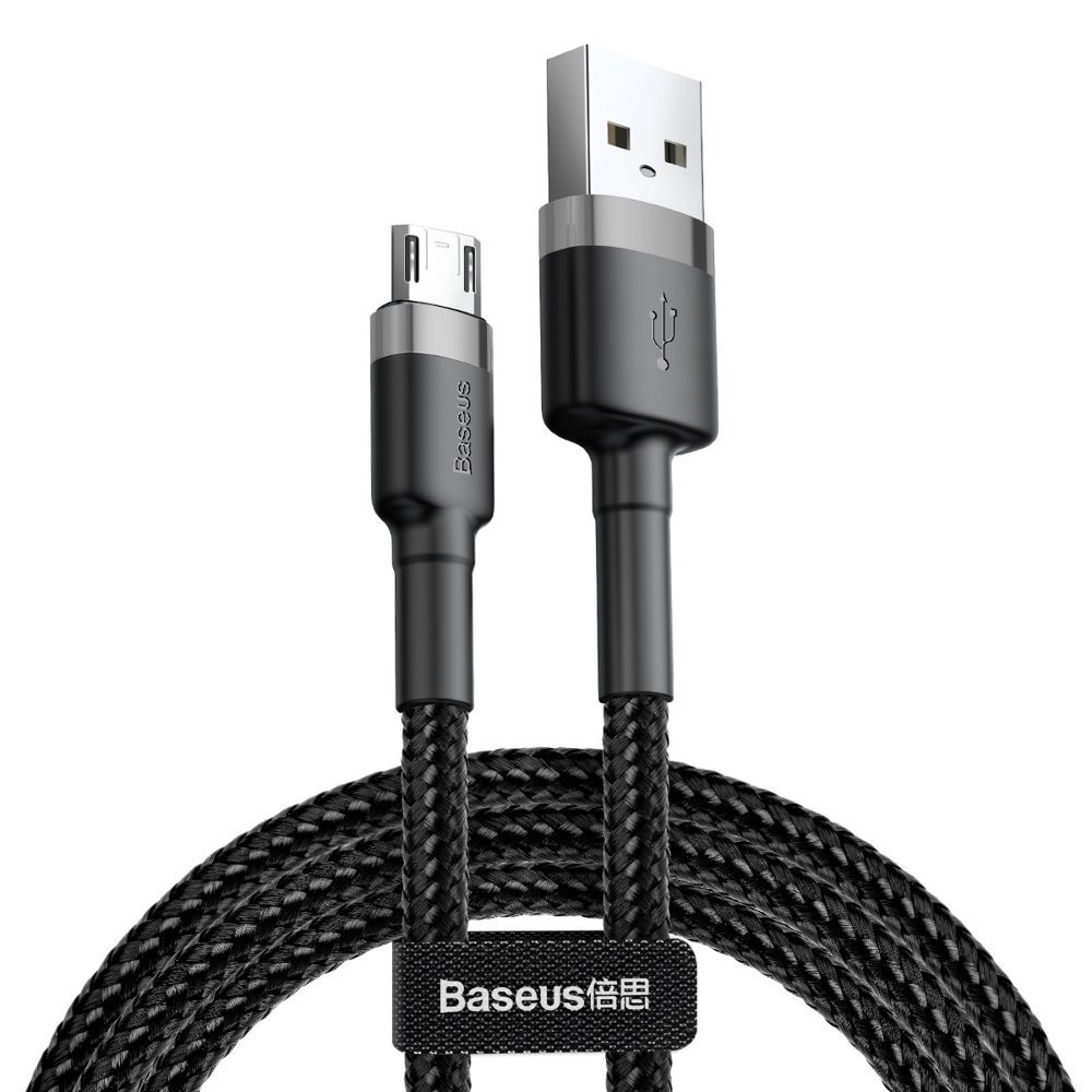 Nabíjací a dátový kábel USB, microUSB, 300 cm, 2000 mA, s ochranou proti zlomeniu, vzor šnúrky, Baseus Cafule, CAMKLF-HG1, čierna/sivá