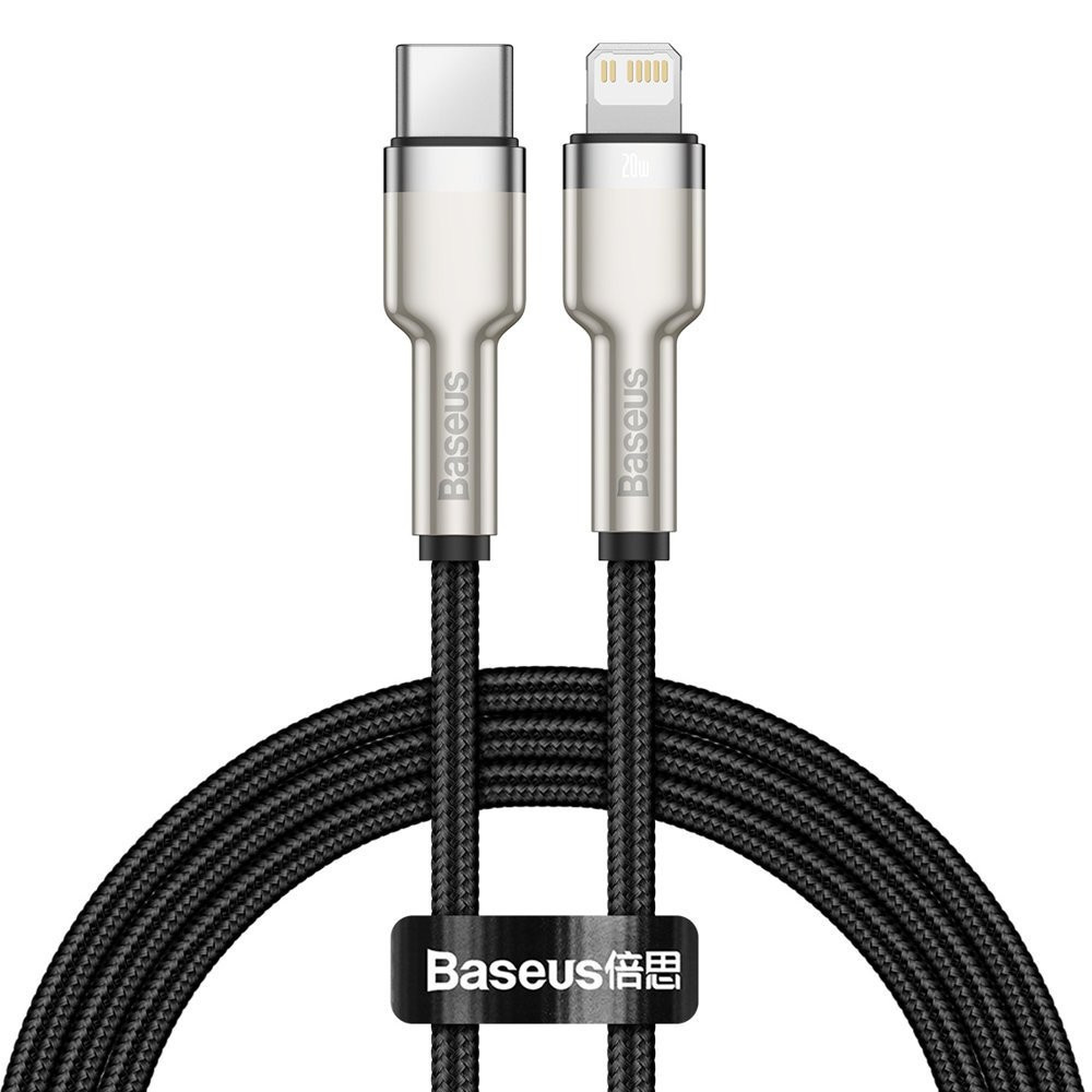 Nabíjací a dátový kábel USB Type-C, Lightning, 25 cm, 20 W, s ochranou proti rozbitiu, rýchle nabíjanie, PD, vzor šnúrky, Baseus Cafule Metal, CATLJK-01, čierna