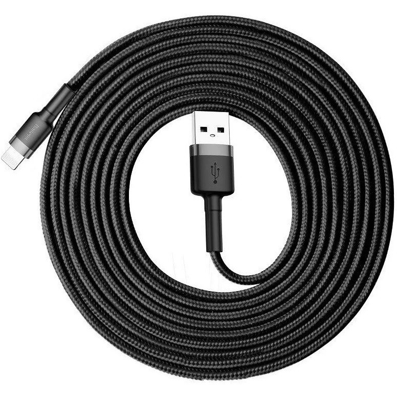 Nabíjací a dátový kábel USB, Lightning, 300 cm, 2000 mA, s ochranou proti zlomeniu, rýchle nabíjanie, vzor šnúrky, Baseus Cafule, CALKLF-RG1, čierna/sivá