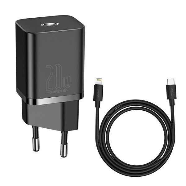 Sieťový nabíjací adaptér 20W, zásuvka USB Type-C, kábel USB Type-C na Lightning, rýchle nabíjanie, PD, Baseus Si, čierny