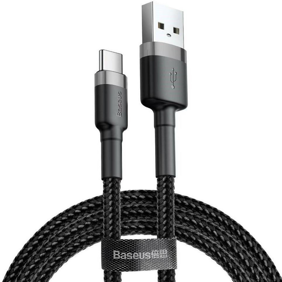 Nabíjací a dátový kábel USB, USB Type-C, 100 cm, 3000 mA, s ochranou proti zlomeniu, rýchle nabíjanie, vzor šnúrky, Baseus Cafule, CATKLF-BG1, čierna/sivá