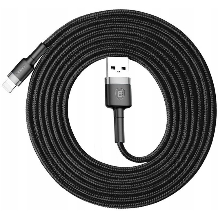 Nabíjací a dátový kábel USB, Lightning, 200 cm, 1500 mA, proti otrasom, vzor šnúrky, Baseus Cafule, CALKLF-CG1, čierna/sivá