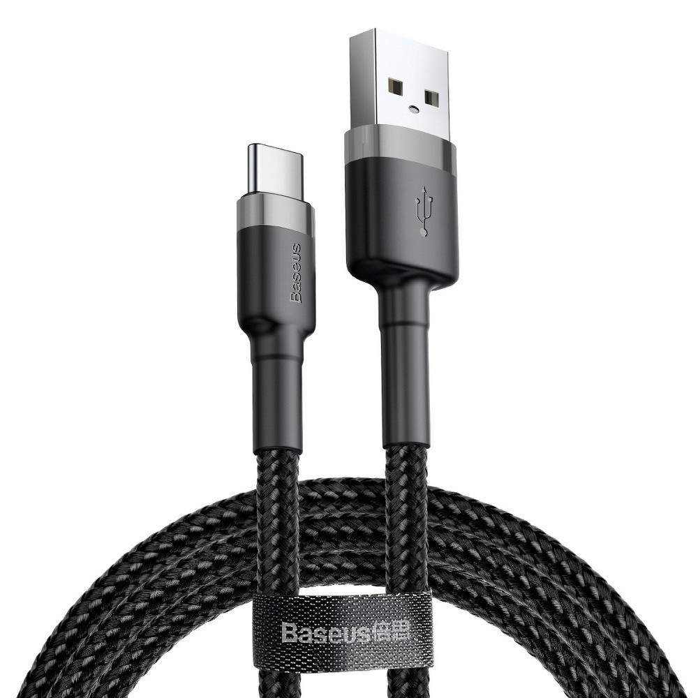 Nabíjací a dátový kábel USB, USB Type-C, 300 cm, 2000 mA, s ochranou proti zlomeniu, rýchle nabíjanie, vzor šnúrky, Baseus Cafule CATKLF-UG1, čierna/sivá