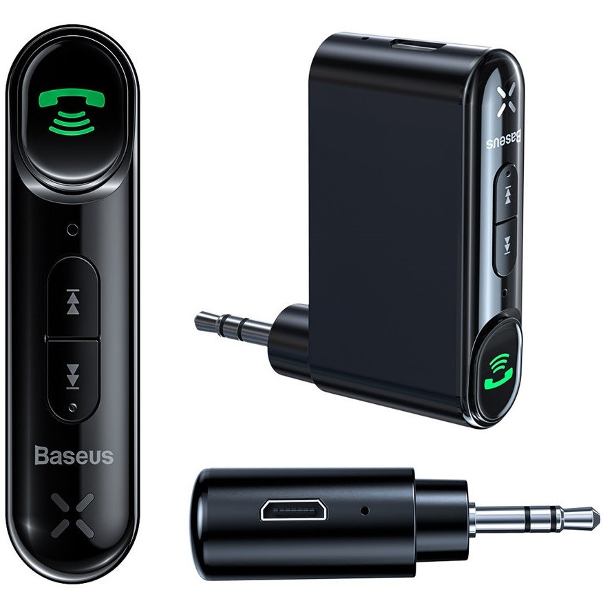 Audio adaptér Bluetooth, handsfree, v5.0, 3,5 mm jack, mikrofón, tlačidlo nahrávania, ovládanie hlasitosti, podpora handsfree volania, Baseus Type 7, čierny