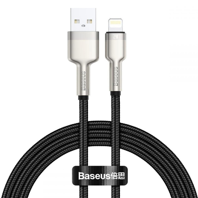 Nabíjací a dátový kábel USB, Lightning, 50 cm, 2400 mA, s ochranou proti zlomeniu, rýchle nabíjanie, vzor šnúrky, Baseus Cafule Metal, CALJK-01, čierny