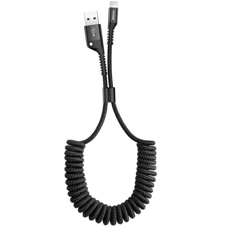 Nabíjací a dátový kábel USB, Lightning, 100 cm, 2000 mA, navinutý kábel, Baseus Fish Eye Spring, CALSR-01, čierny
