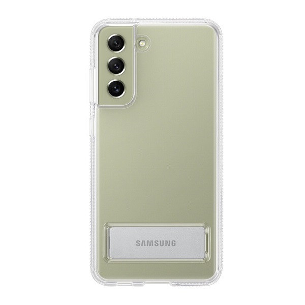 Samsung Galaxy S21 FE 5G SM-G990, Plastový zadný kryt, dvojvrstvový, pogumovaný, so stojanom, priehľadný, továrenský