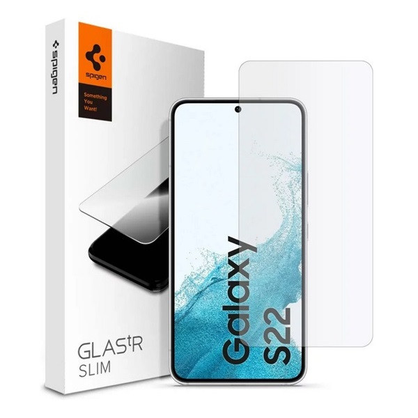 Samsung Galaxy S22 5G SM-S901, ochranná fólia displeja, odolná proti nárazu (v zahnutej časti sa NEohýba!), tvrdené sklo, vhodná do puzdra, Spigen Glastr Slim, číra