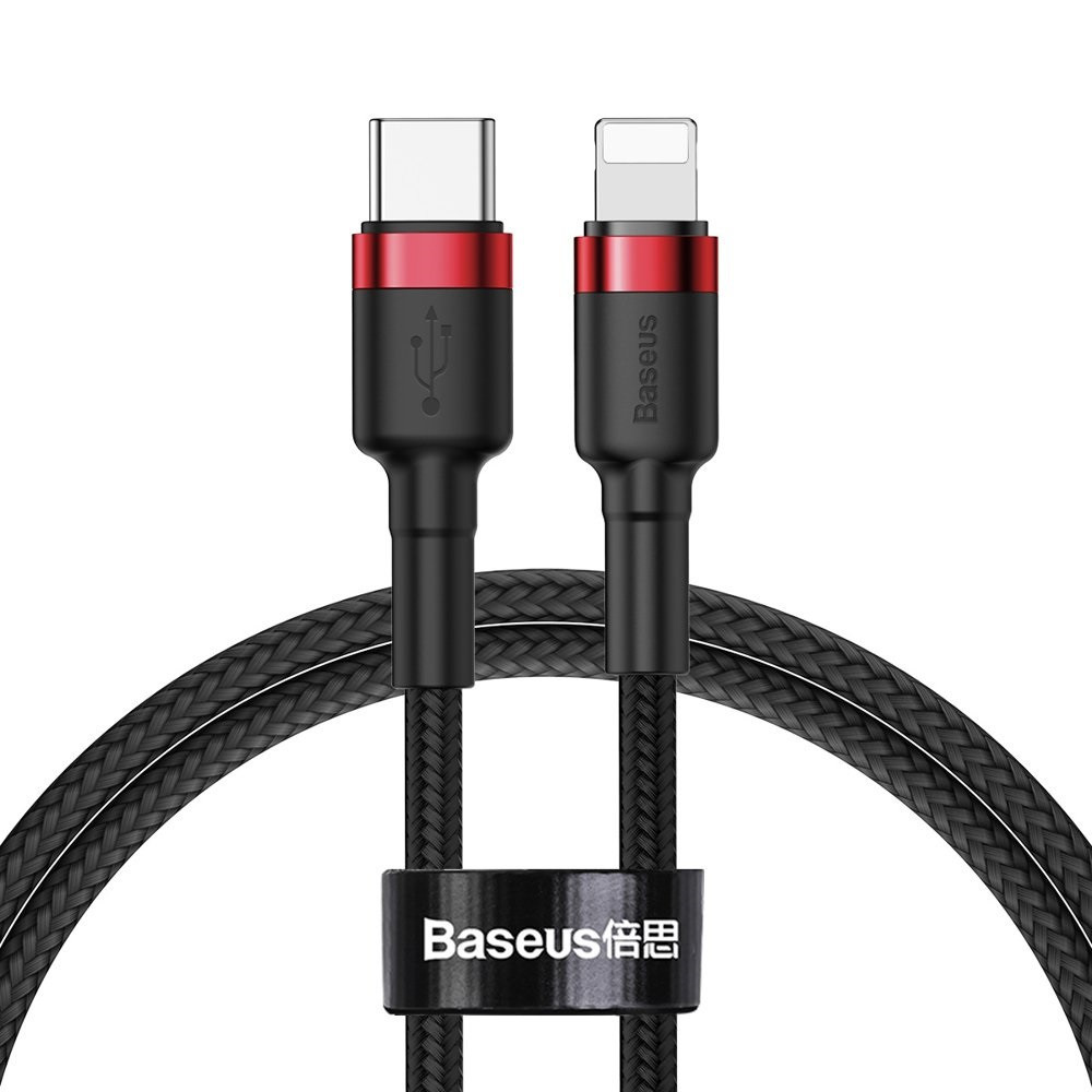 Nabíjací a dátový kábel USB Type-C, Lightning, 100 cm, 18 W, s ochranou proti zlomeniu, rýchle nabíjanie, PD, vzor šnúrky, Baseus Cafule, CATLKLF-91, čierna/červená