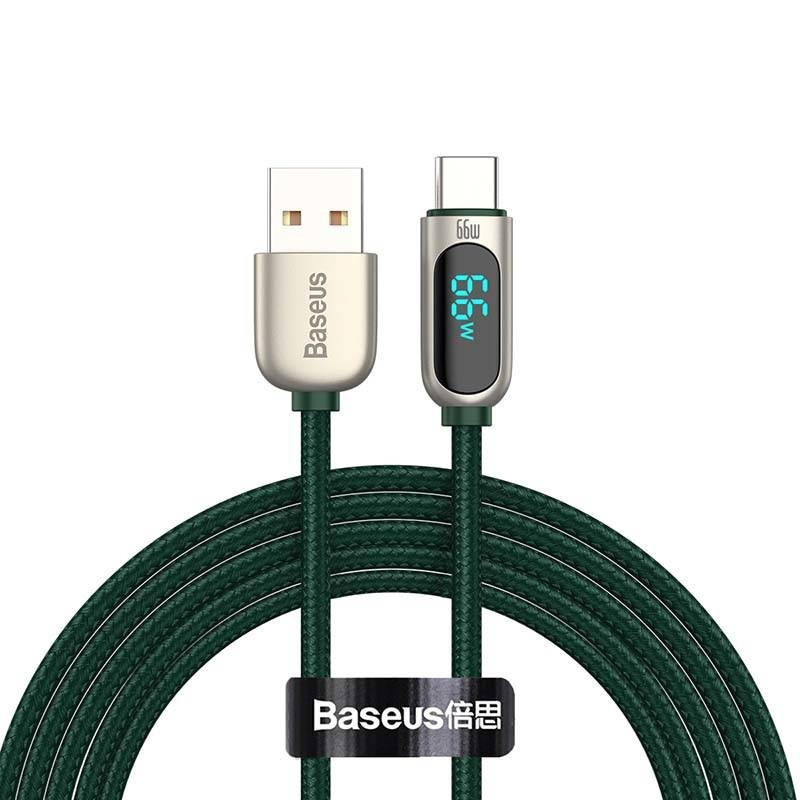 Nabíjací a dátový kábel USB, USB Type-C, 100 cm, 6000 mA, 66 W, LED displej, rýchle nabíjanie, PD, vzor šnúrky, Baseus Dsiplay, CASX020006, zelená