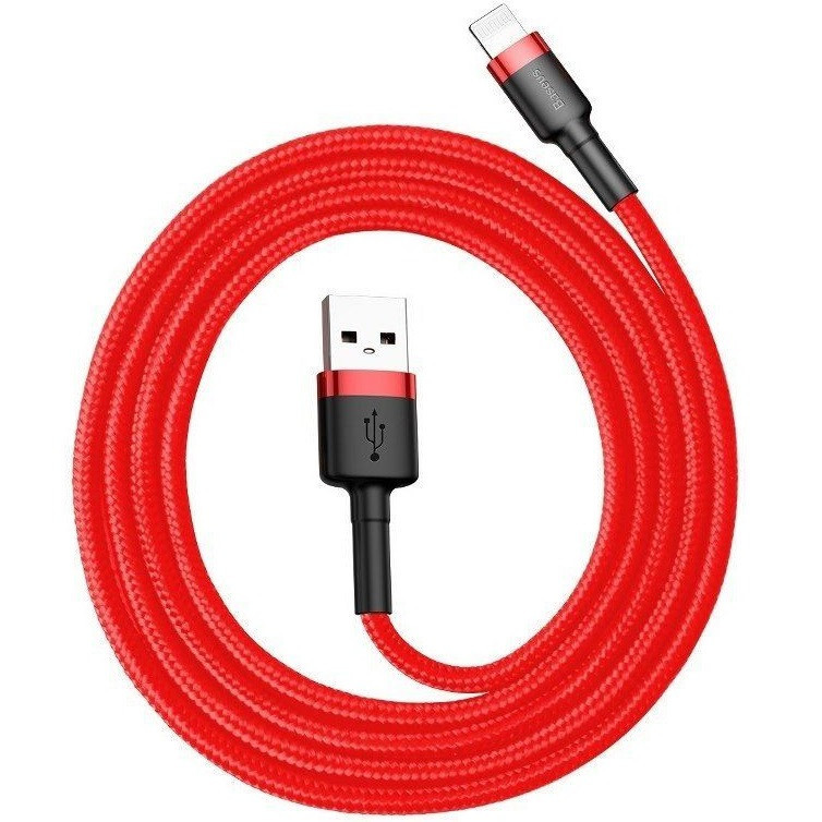 Nabíjací a dátový kábel USB, Lightning, 200 cm, 1500 mA, proti otrasom, vzor šnúrky, Baseus Cafule, CALKLF-C09, červená