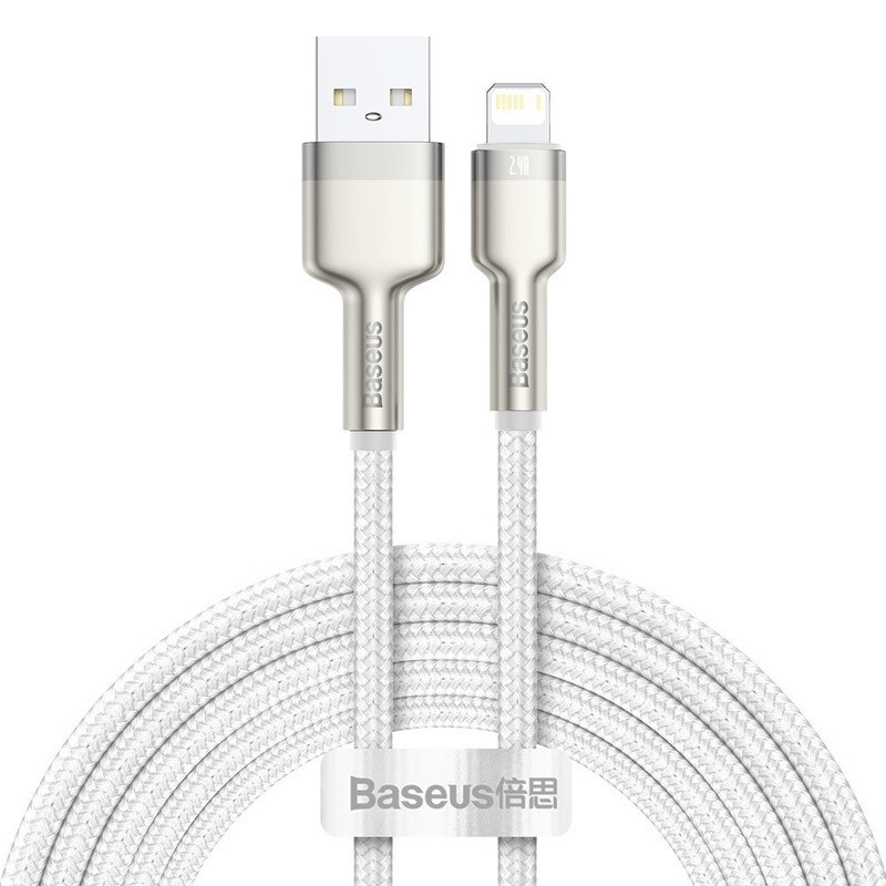 Nabíjací a dátový kábel USB, Lightning, 200 cm, 2400 mA, s ochranou proti zlomeniu, rýchle nabíjanie, vzor šnúrky, Baseus Cafule Metal, CALJK-B02, biely