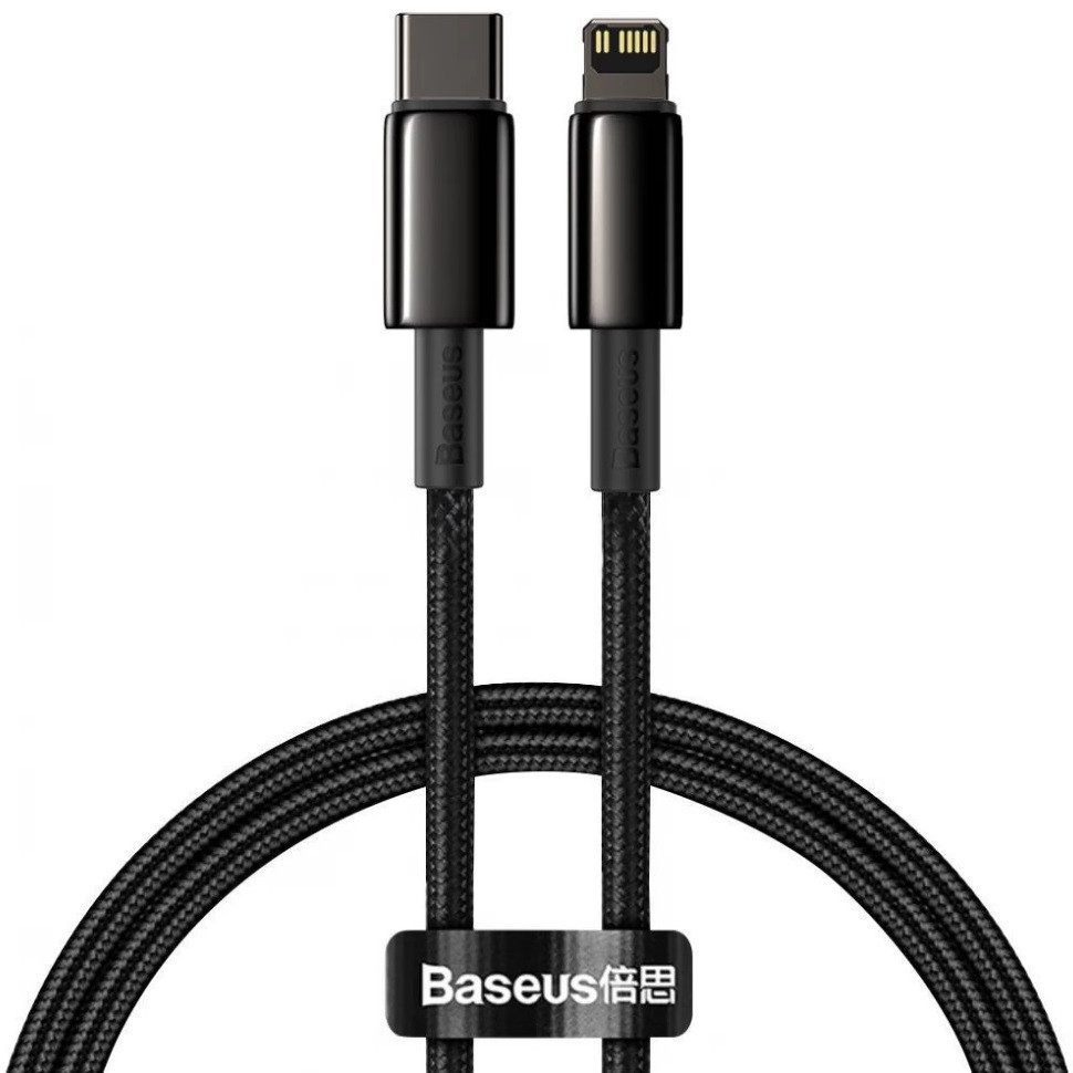 Nabíjací a dátový kábel USB Type-C, Lightning, 200 cm, 20 W, s ochranou proti rozbitiu, rýchle nabíjanie, Baseus Tungsten Gold, CATLWJ-A01, čierna