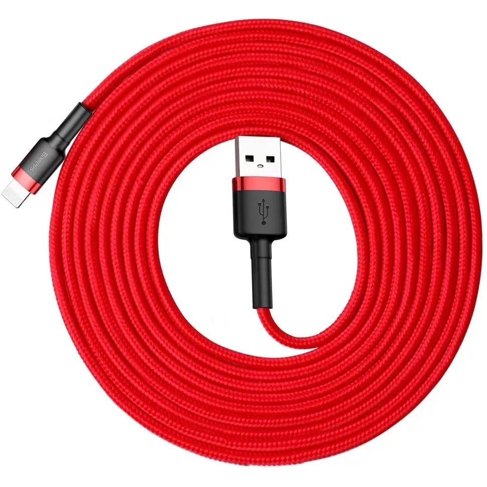 Nabíjací a dátový kábel USB, Lightning, 300 cm, 2000 mA, s ochranou proti zlomeniu, rýchle nabíjanie, vzor šnúrky, Baseus Cafule, CALKLF-R09, červený