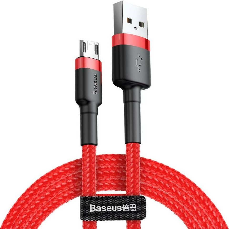 Nabíjací a dátový kábel USB, microUSB, 100 cm, 2400 mA, s ochranou proti zlomeniu, vzor šnúrky, Baseus Cafule, CAMKLF-B09, červená