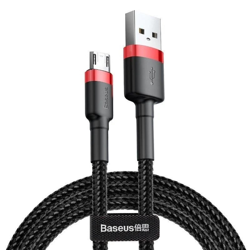 Nabíjací a dátový kábel USB, microUSB, 100 cm, 2400 mA, s ochranou proti zlomeniu, vzor šnúrky, Baseus Cafule, CAMKLF-B91, čierna/červená