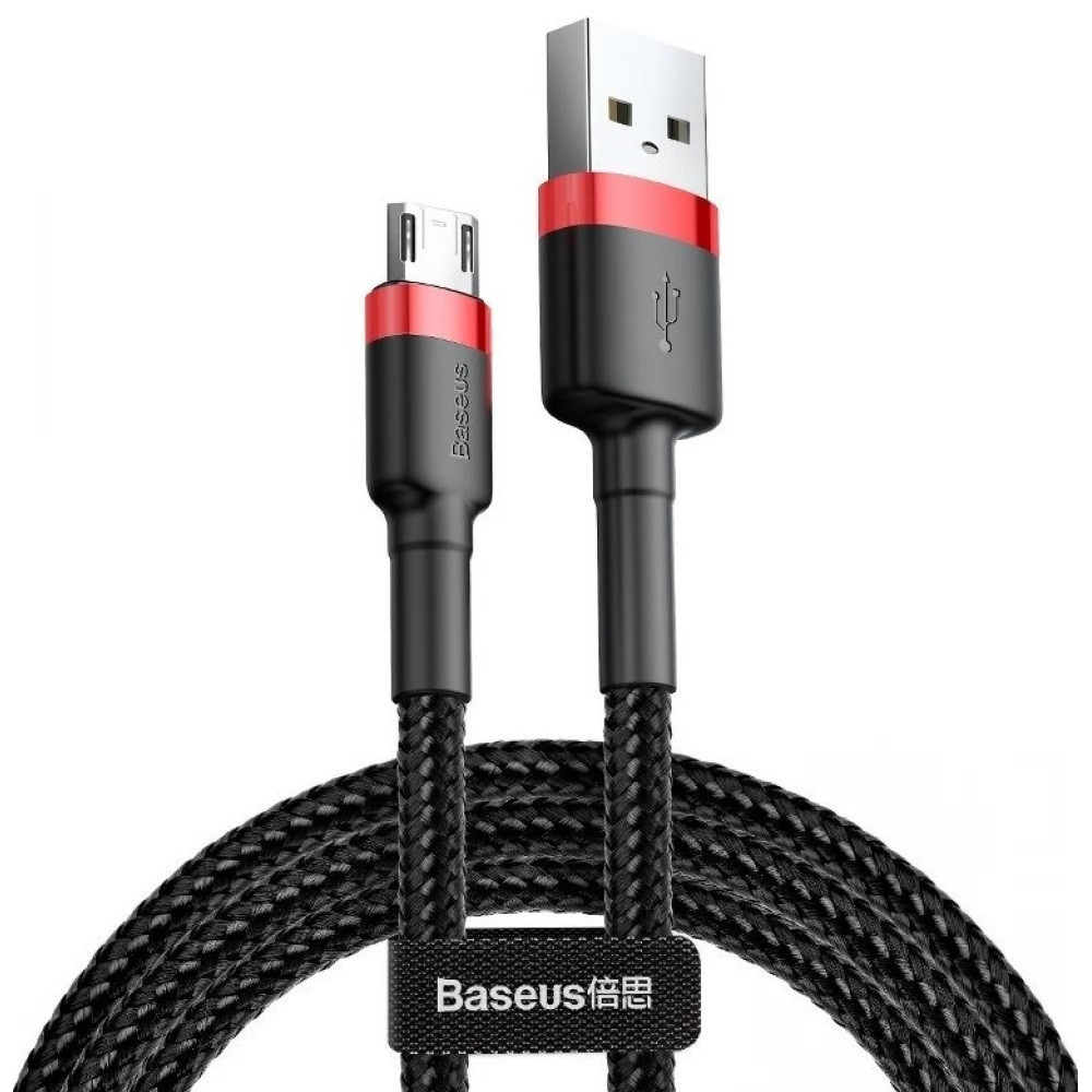 Nabíjací a dátový kábel USB, microUSB, 300 cm, 2000 mA, s ochranou proti zlomeniu, vzor šnúrky, Baseus Cafule, CAMKLF-H91, čierna/červená