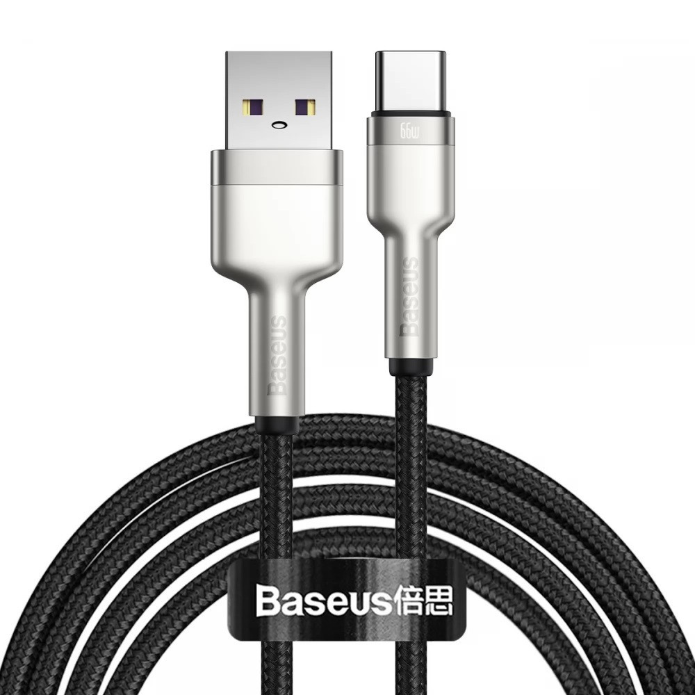 Nabíjací a dátový kábel USB, USB Type-C, 100 cm, 6000 mA, 66 W, s ochranou proti nárazu, rýchle nabíjanie, vzor šnúrky, Baseus Cafule Metal, CAKF000101, čierna