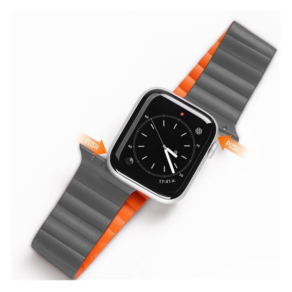 Apple Watch 1-6, SE (42 / 44 mm) / Watch 7 (45 mm), silikónový zadný remienok, magnetické zapínanie, reťaz Dux Ducis, sivá/oranžová