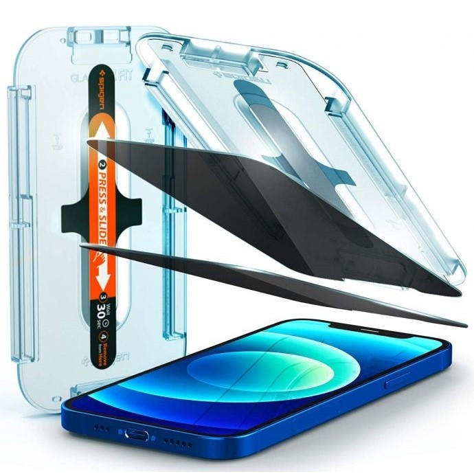 Apple iPhone 12 / 12 Pro, ochranná fólia displeja, odolná proti nárazu (aj pre zakrivenú časť!), tvrdené sklo, Spigen Ez Fit Privacy, číra, 2 ks / balenie