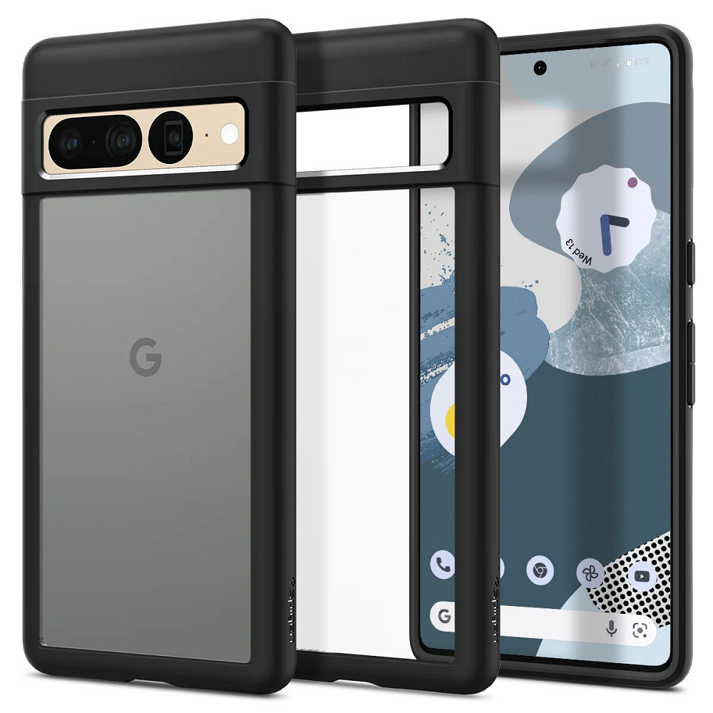 Google Pixel 7 Pro, plastový zadný kryt + silikónový rám, Spigen Ultra Hybrid, priehľadný/čierny