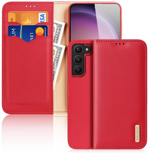 Samsung Galaxy S23 SM-S911, bočné otváracie puzdro, puzdro z pravej kože, stojan, Dux Ducis Hivo, červená farba