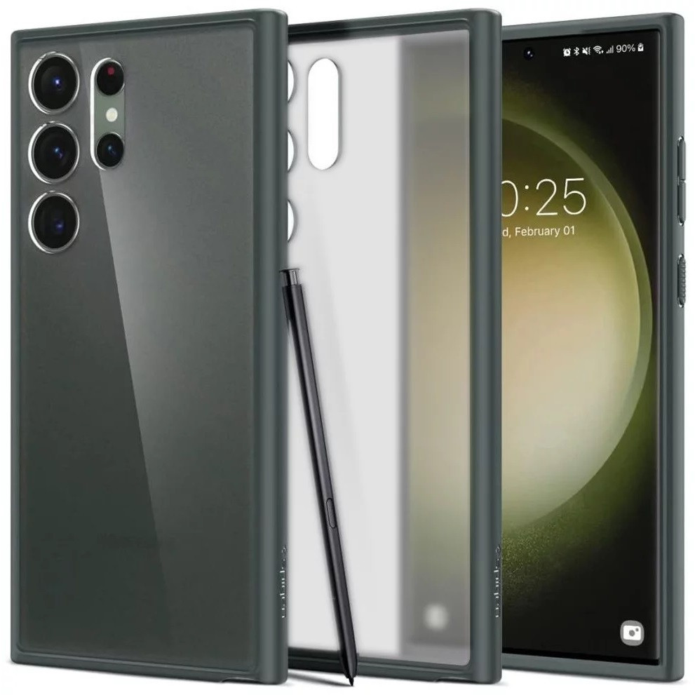 Samsung Galaxy S23 Ultra SM-S918, plastový zadný kryt + silikónový rám, Spigen Ultra Hybrid Matte, priesvitný/tmavozelený