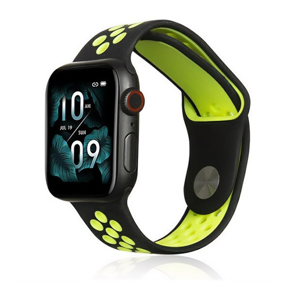Apple Watch 1-6, SE, SE (2022) (38 / 40 mm) / Watch 7-9 (41 mm), silikónový remienok, nastaviteľný, s otvormi, čierny/zelený