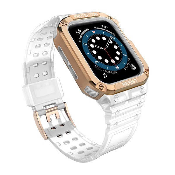 Apple Watch 1-6, SE, SE (2022) (42/44 mm) / Watch 7-9 (45 mm), Silikónové ochranné puzdro, stredne odolné proti nárazu, s nastaviteľným remienkom, dvojfarebné, transparentné/červen