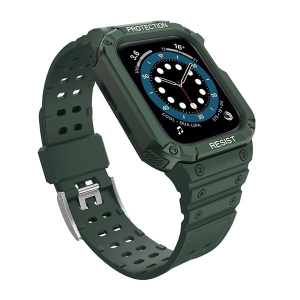 Apple Watch 1-6, SE, SE (2022) (38 / 40 mm) / Watch 7-9 (41 mm), Silikónové ochranné puzdro, stredne odolné proti nárazu, s nastaviteľným remienkom, tmavozelené