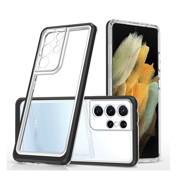 Samsung Galaxy S23 Ultra SM-S918, silikónové puzdro + plastový rám, akrylová zadná strana, stredne odolné proti nárazu, transparentné/čierne