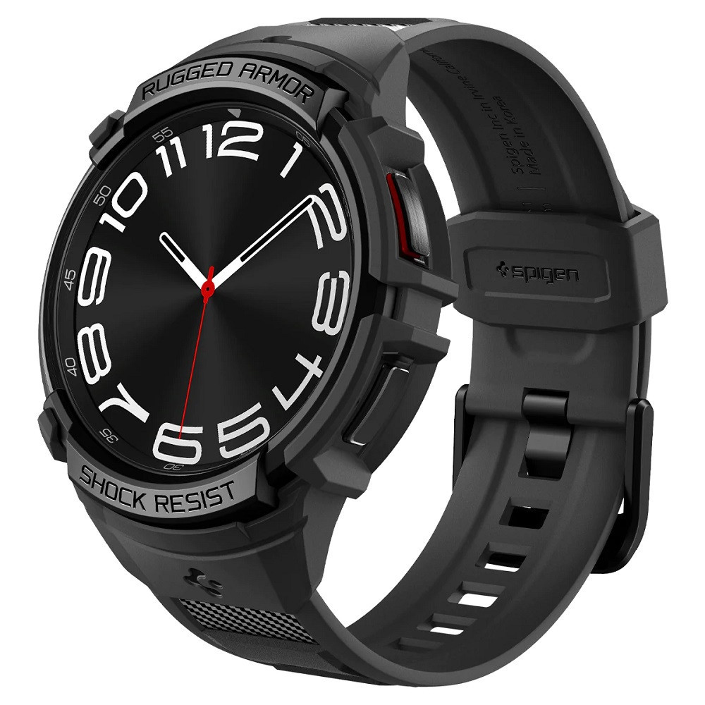 Samsung Galaxy Watch 6 Classic (43 mm) SM-R950 / R955, silikónové ochranné puzdro, nárazuvzdorné, s remienkom, Spigen Rugged Armor Pro, čierne