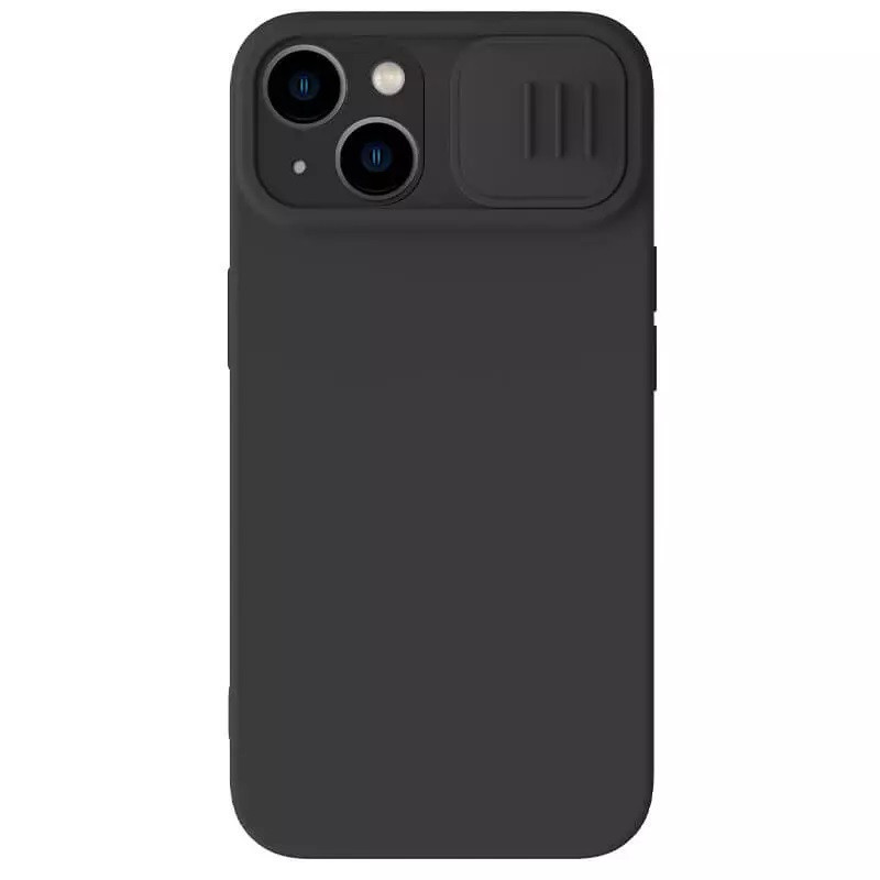 Apple iPhone 15, Silikónové puzdro, stredne odolné proti nárazu, ochrana fotoaparátu, kompatibilné s nabíjačkou Magsafe, Nillkin CamShield Silky Magnetic, čierne