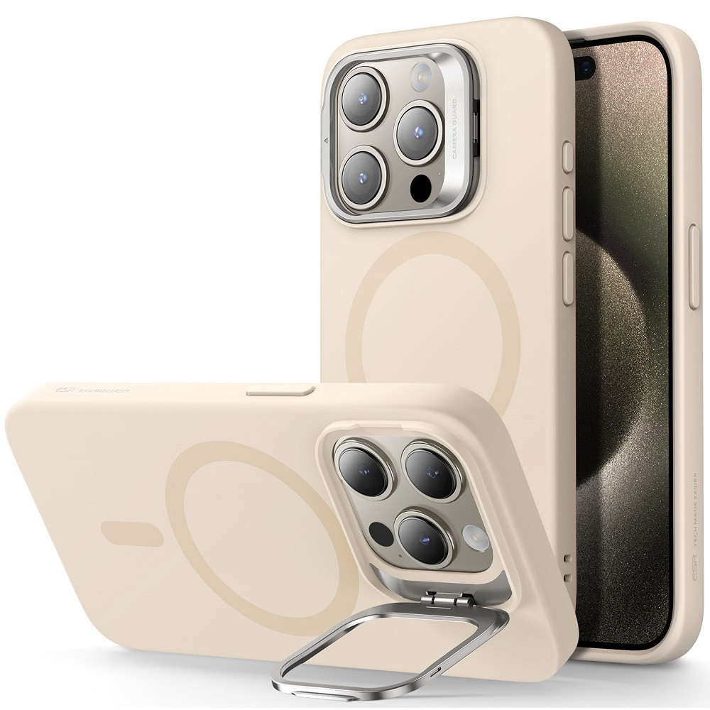 Apple iPhone 15 Pro Max, Silikónové puzdro, stredne odolné voči nárazom, so vzduchom odpruženou pätou, so stojanom, kompatibilné s Magsafe, ESR Cloud Soft Stash Stand HaloLock, béž
