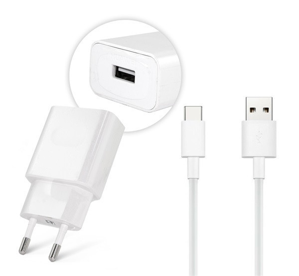 Sieťový nabíjací adaptér, 5V / 2000 mAh, zásuvka USB, kábel USB typu C, rýchle nabíjanie, Huawei, biely, továrenský